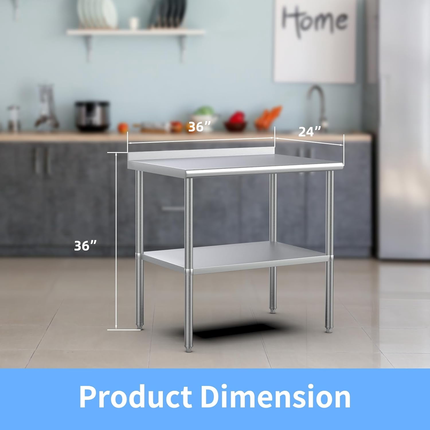 AINUO 36'' x 24'' Stainless Steel Prep & Work Table, Commercial Workstation with Adjustable Undershelf and Backsplash, Heavy Duty Metal Table for Kitchen, Restaurant, Home and Hotel