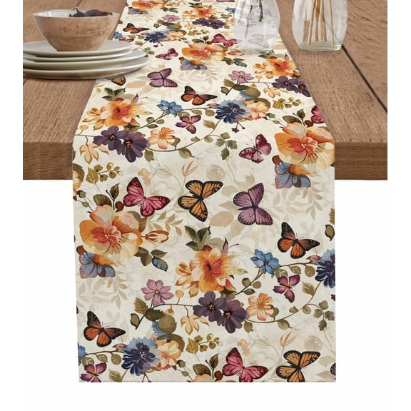 Ldtrchee Flowers Butterflly Table Runner 48 Inches, Pastel Floral Pastoral Country Leaves Bed Runner Dresser Scarves Tabletop for Indoor Outdoor Parties/Ceremony/Banquet, 13" x 48"