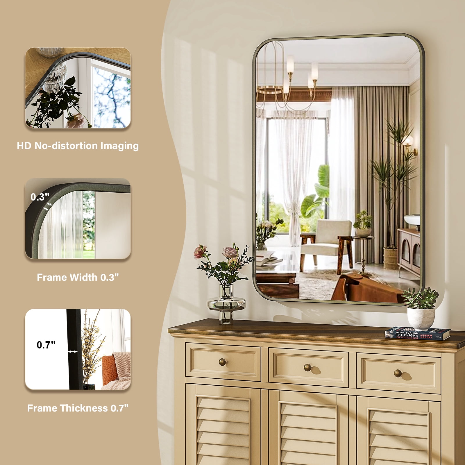 Lumora 28"x20" Rectangular Bathroom Mirror with Round Edge Wall Mounted Wall Mirror, Black