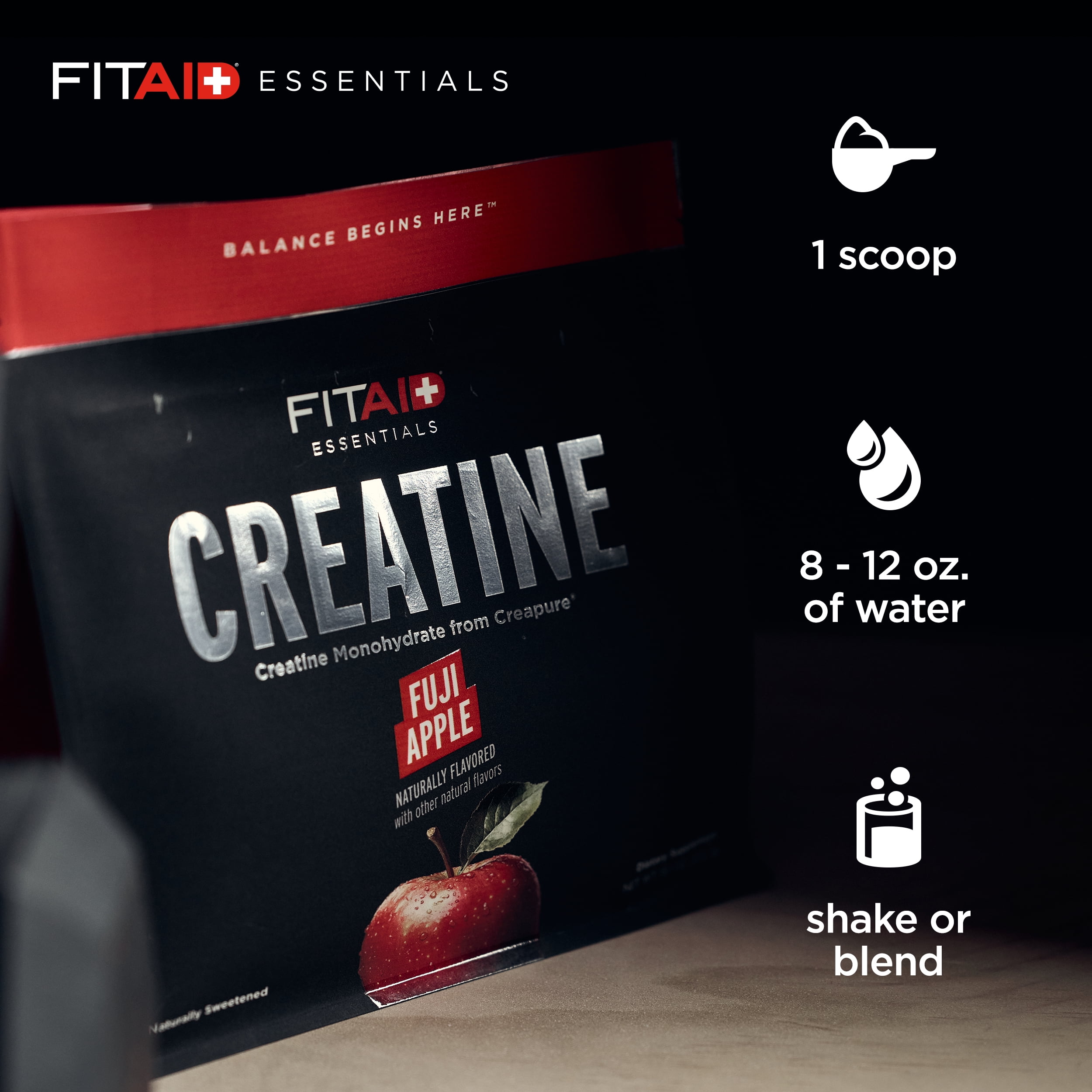 FITAID Essentials Creatine Powder Fuji Apple, CreaPure Creatine Monohydrate, ATP Production for Weightlifting, Cycling, Zero Sugar, Smooth-Mixing, Easy on Stomach, Resealable, 60 Servings