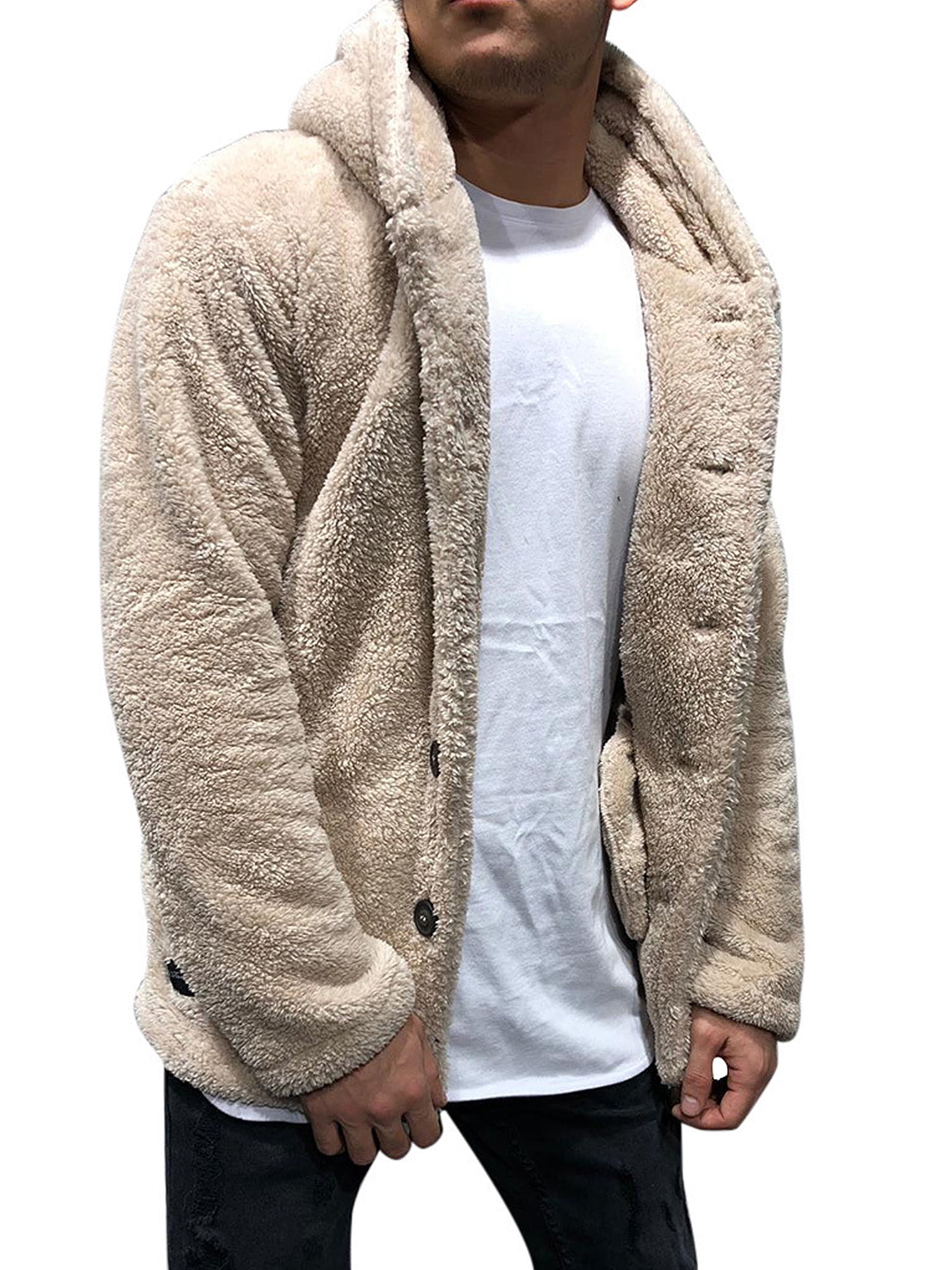 poriff Mens Sherpa Fleece Pullover Sweatshirt Jacket Button Collar Warm Sweater Coat