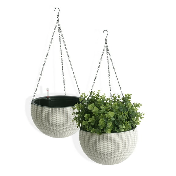 Algreen 14427 10 in. Self Watering Modena Wicker Hanging Basket, White - Pack of 2