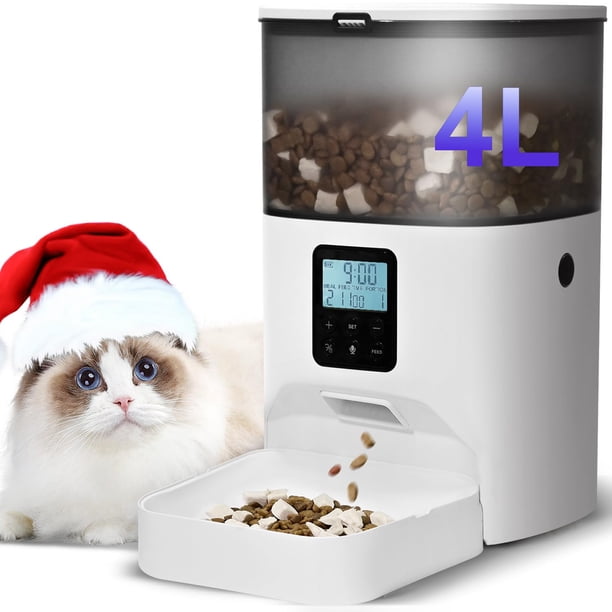 Comedero Automático WiFi 4L con Grabadora de Voz hasta 10 Comidas Diarias y Sellado Hermético para Gatos y Perros Blanco