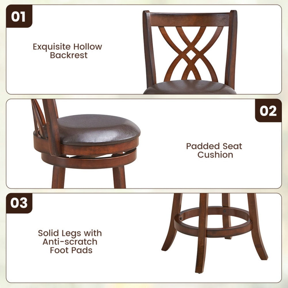 Demi Bonn 360° Swivel Counter Height Bar Stools with PU Leather Cushioned Seat and Footrests, 26" Modern Dining Chair with Backrests, Brown