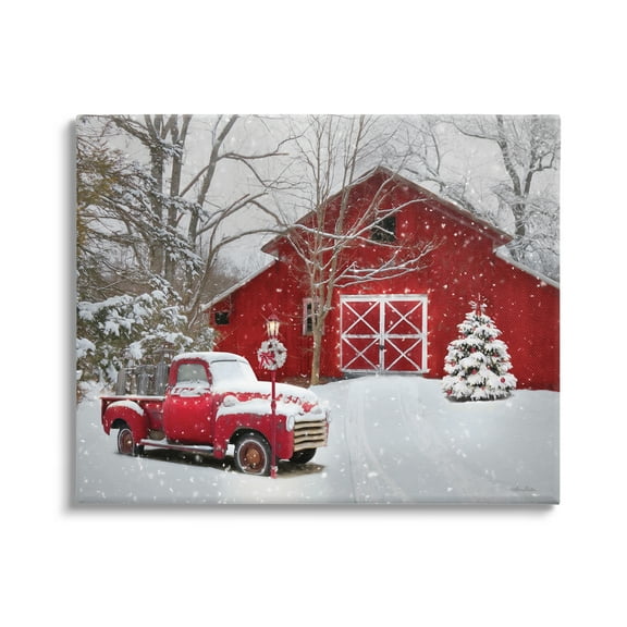 Red Barn & Truck Powdery Snow Rural Scenery Transportation Painting Gallery-Wrapped Canvas Print Wall Art