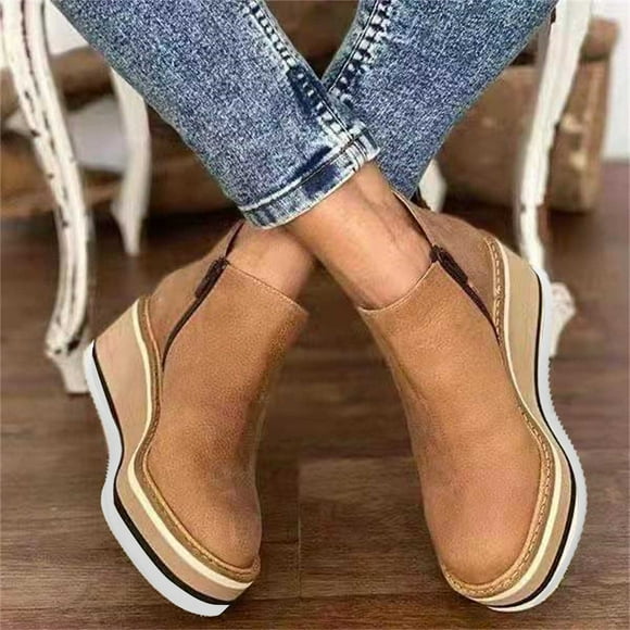 Mareep Large Side Zipper Casual Leather Plastic Thick Sole Slope Heels Women's Shoes Beautiful Gift Shoes Clearance