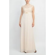 Adrianna Papell Scoop Neck Cap Sleeve Embellished Waist Ruched Zipper Back Dress-ALMOND / 6