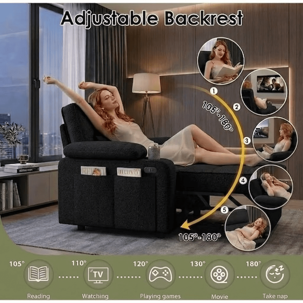 58" Convertible Sofa Bed Pull Out Couch Sleeper Loveseat with Teddy Fabric USB Charging Ports Adjustable Backrest Cup Holders and Side Pocket for Living Room Apartment Small Spaces,Black