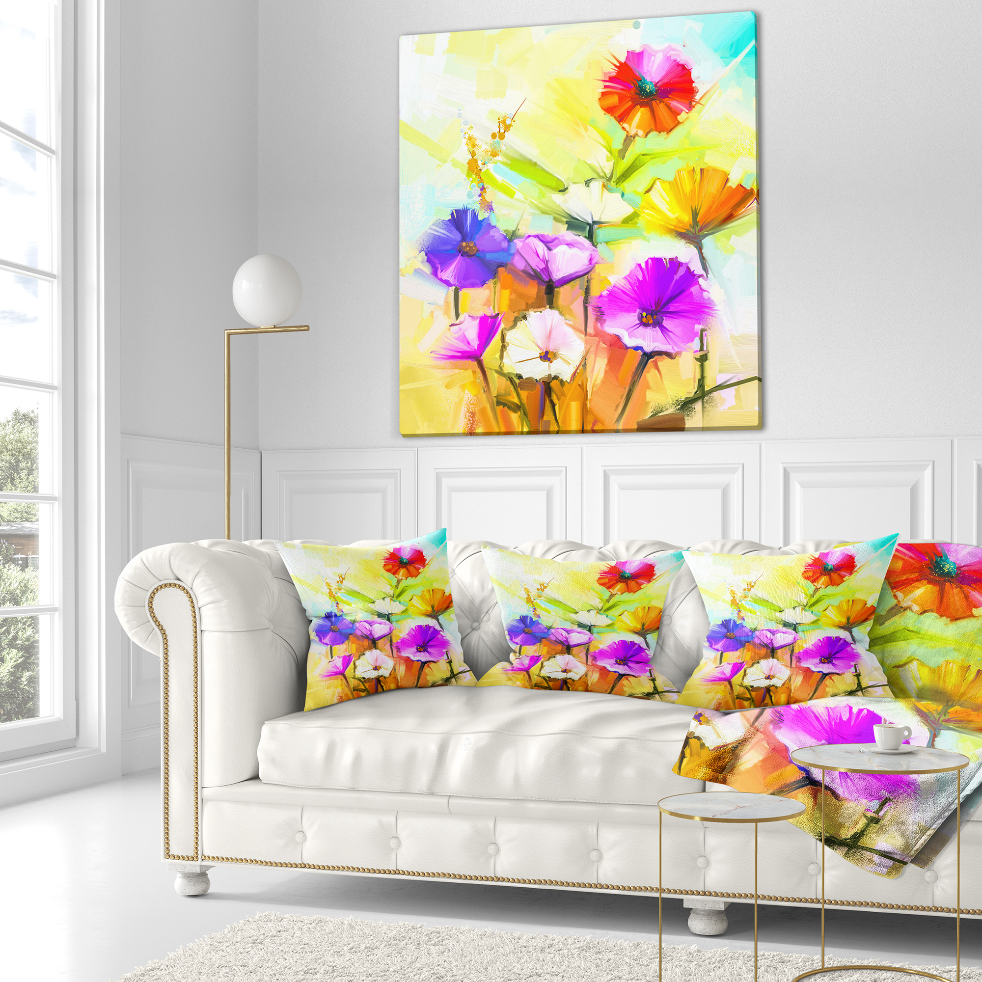 Designart Colorful Gerbera Flowers Painting - Floral Throw Pillow - 16x16