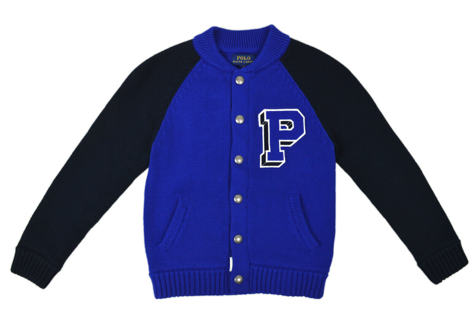New Polo Ralph Lauren Boys Navy Blue Snap Button Knit Varsity Sweater Sz 6  9375-3 