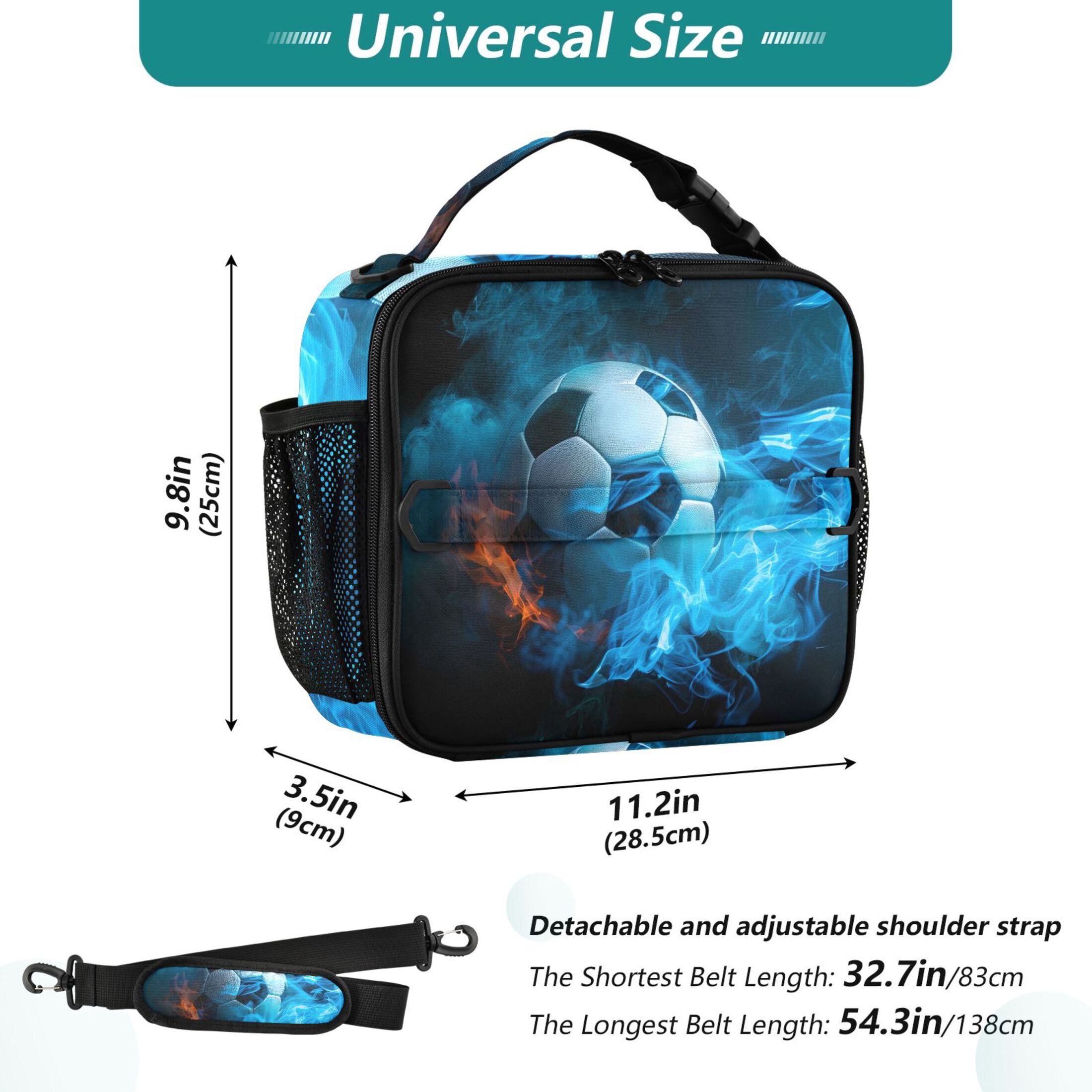 ALAZA Soccer Ball with Fire Lunch Box Insulated Lunch Bag Cooler Tote with Shoulder Strap