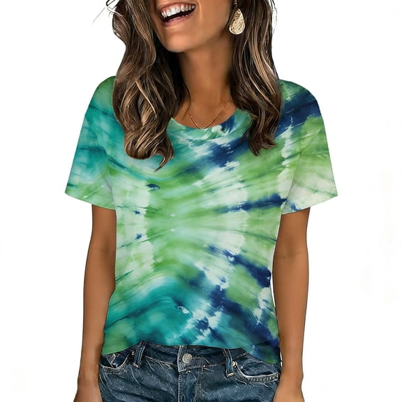 Short Sleeve Tops Women Plus Size Tie Dye T-Shirts Crewneck Loose Fit Casual Summer Base Graphic Tee Shirt (XL, Green #H)