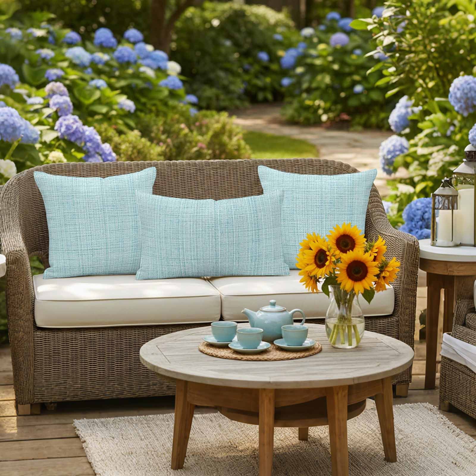 Outdoor Waterproof Throw Pillow Covers Set of 2 Teal Linen Texture Decorative Pillowcases Square Outdoor Pillows Cushion Case 18x18 Inch Solid Color Patio Pillows for Couch Sofa Bed Garden