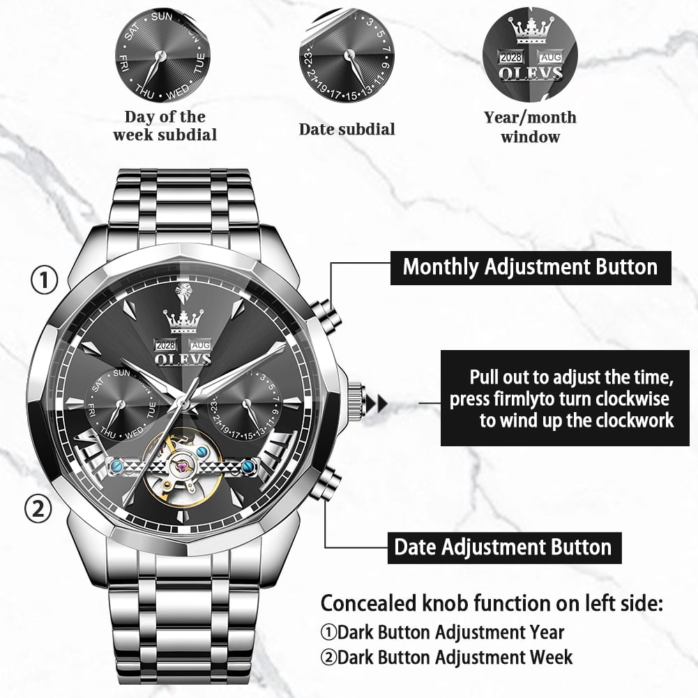 OLEVS Automatic Watches for Men Luxury Dress Waterproof Self Winding Mechanical Chronograph Diamond Stainless Steel Luminous Date Skeleton Tourbillon Mens Watches Gift Reloj Para Hombre Black Dial