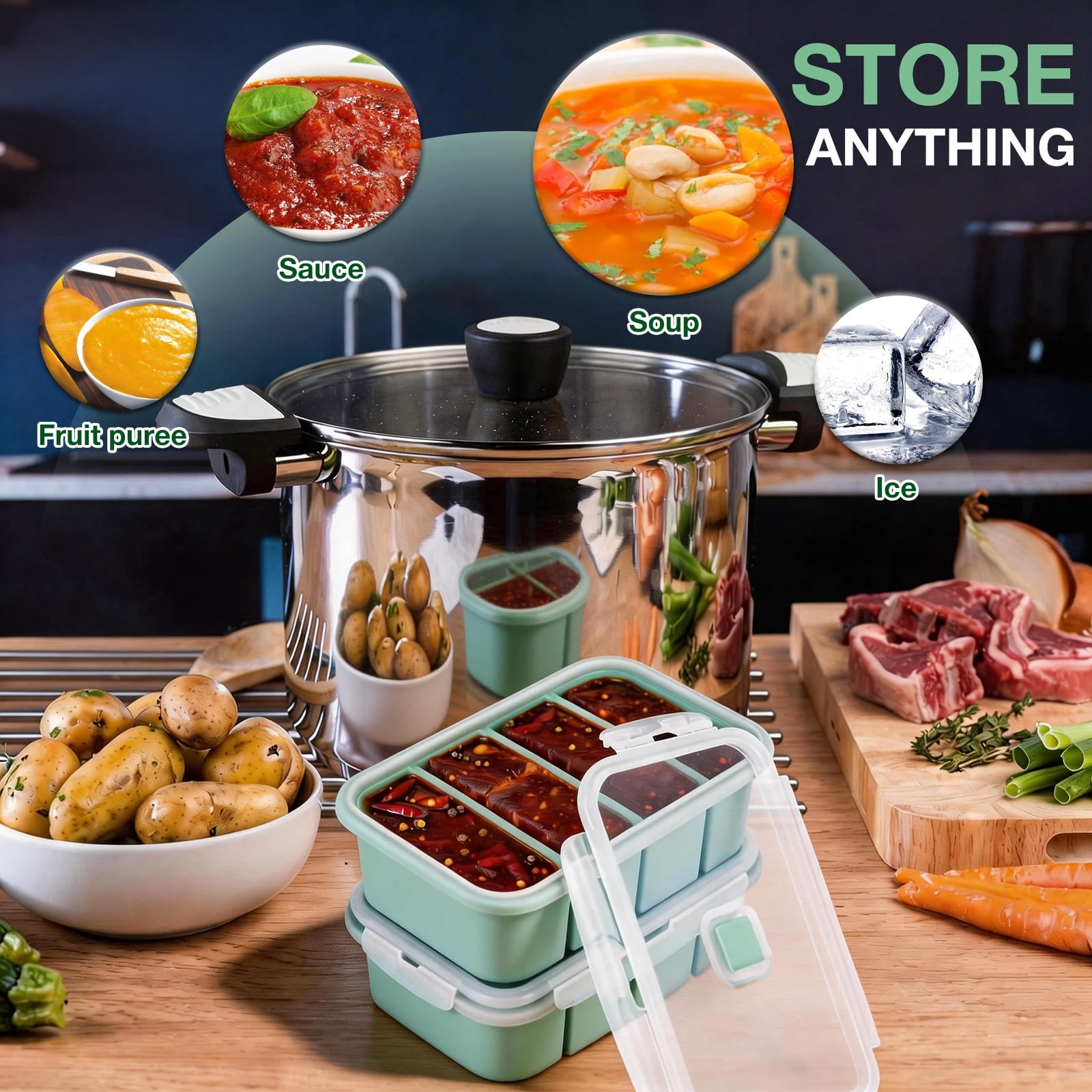 Xiyztok 2PCS Silicone Freezer Molds with Lids, 1 Cup Soup Freezer Container Ice Cube Tray, Green