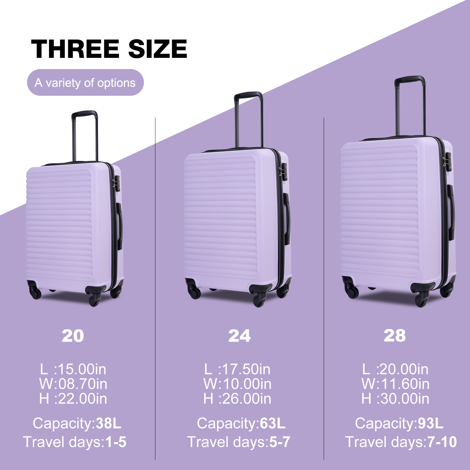 Travelhouse 3 Piece Hardside Luggage Set Hardshell Lightweight Suitcase with TSA Lock Spinner Wheels 20in24in28in.(Light Purple) - image 5 of 8