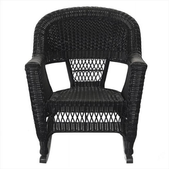 Jeco W00207R-D-2-RCES011 3 Piece Black Rocker Wicker Chair Set With Blue Cushion