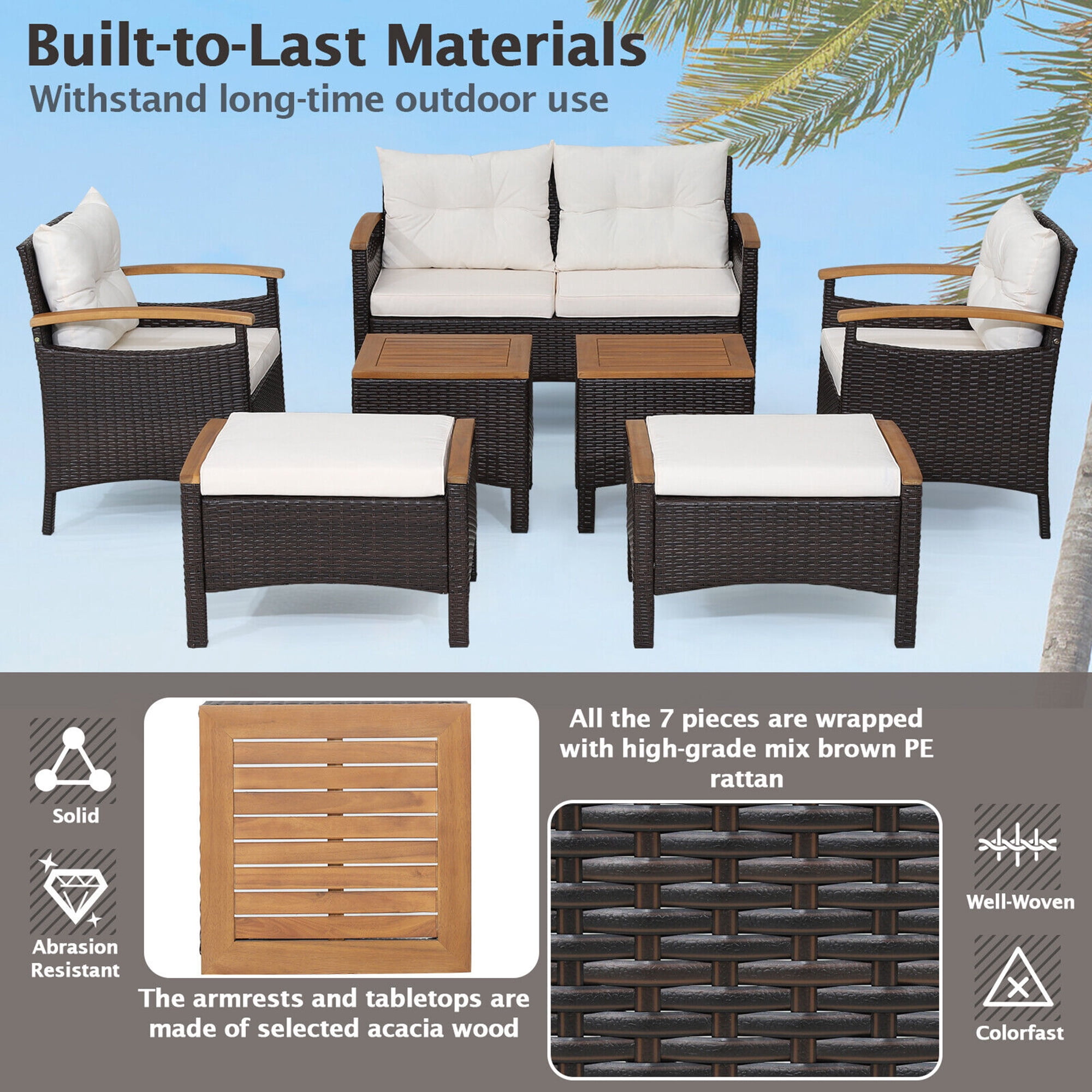 Gymax 7PCS Rattan Patio Conversation Furniture Set Cushioned Outdoor Wicker Sofa Set
