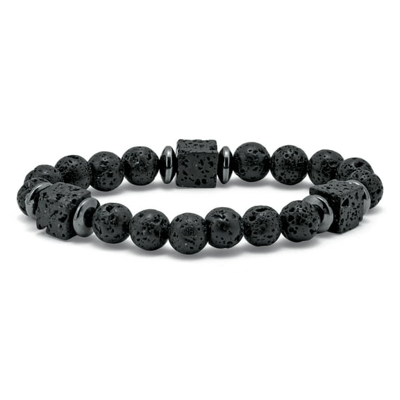 Men's Round Black Lava and Hematite Silvertone Stretch Bracelet 9-inch
