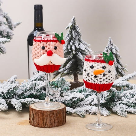

Beautiful Santa Claus Pattern Wine Cup Cover Full Cover Fine Texture Knitted Fabric Wine Glass Cover for Home White Knit