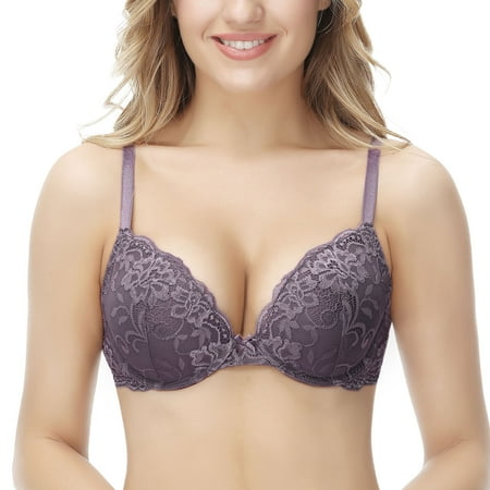 

Deyllo Women s Sexy Lace Push Up Padded Plunge Add Cups Underwire Lift Up Bra Grape 32D