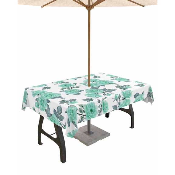Outdoor Tablecloth with Umbrella Hole for Patio/Picnic/Party/Camping, Green Floral Waterproof Table Cloth Rectangle Table Cover Washable, Farmhouse Garden Flowers Botanical 54"x 80"