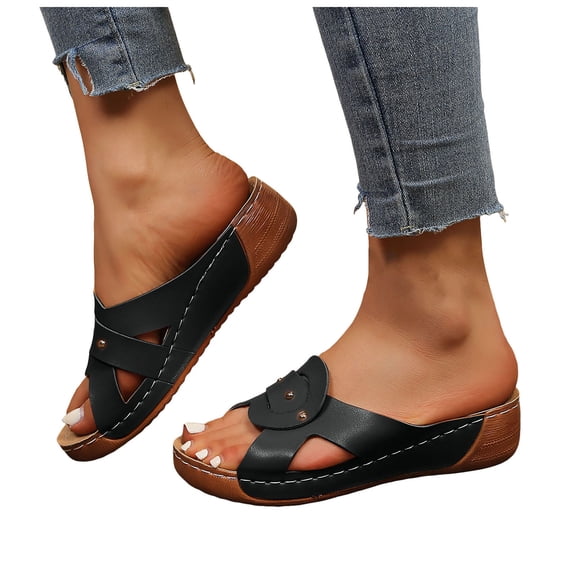 Rokment Ladies Orthopedic Wedges Slip on Sandals for Women Beach Summer Trendy Studded Leather Orthotic Platform Chunky Mid Heels Walking Dress Slides Black Size 6