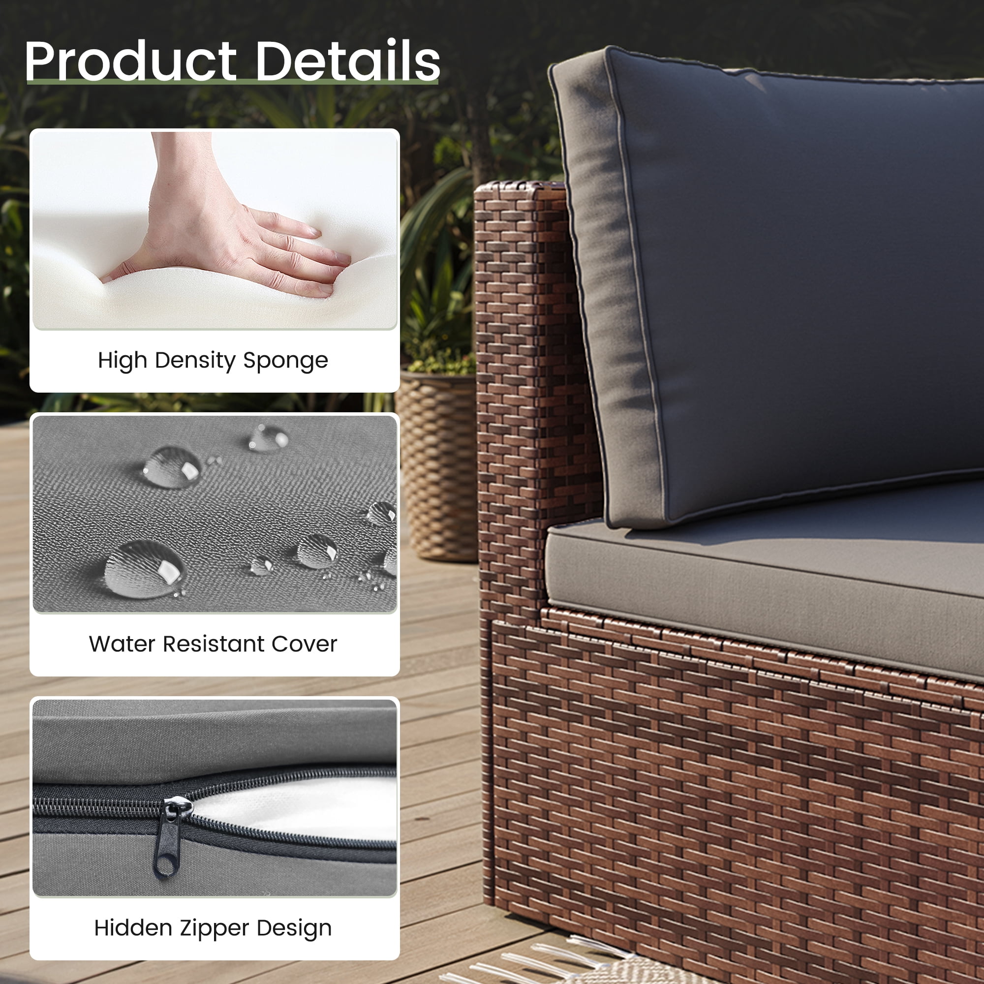 POTEBAN 6-Piece Space-Saving Patio Furniture Set, All Weather Brown Wicker Rattan Sectional Sofa with 2 Ottomans, Outdoor Conversation Set for Garden, Backyard, Gray Cushions