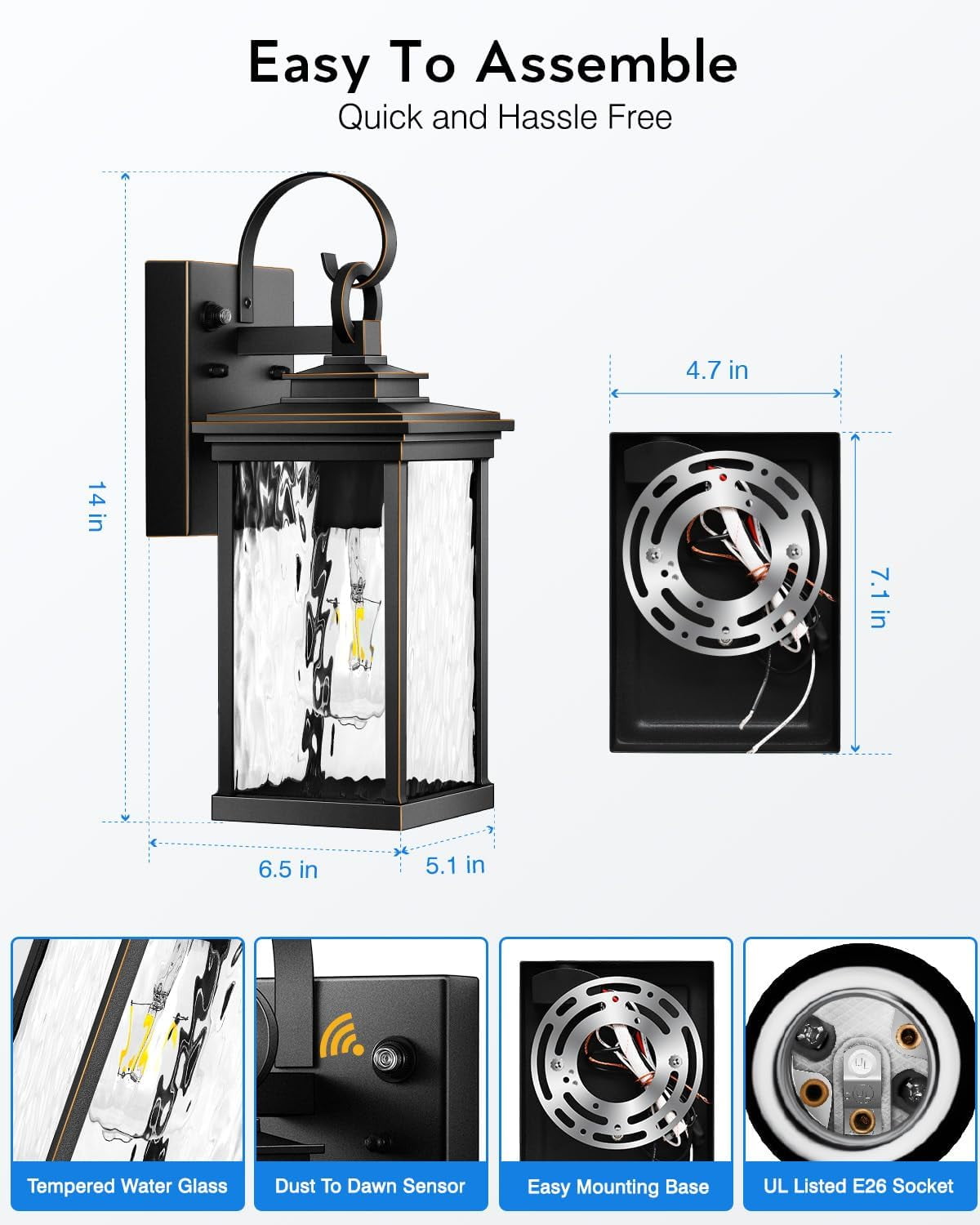 VIANIS Dusk to Dawn Outdoor Wall Lantern, Black Exterior Light Fixtures, Porch Light Wall Mount Lamps Outside Wall Lights for House, Garage Lights Outdoor Wall Sconce Lanterns with Water Ripple Glass