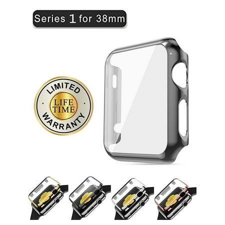 Apple Metal Plates - iClover Apple Watch 38mm Series 1 Screen Protector Case Ultra-Slim Electroplate Metal Plated Hard Cover with Full Coverage Tempered Glass Screen Protector Cover for Apple Watch 38mm,Black