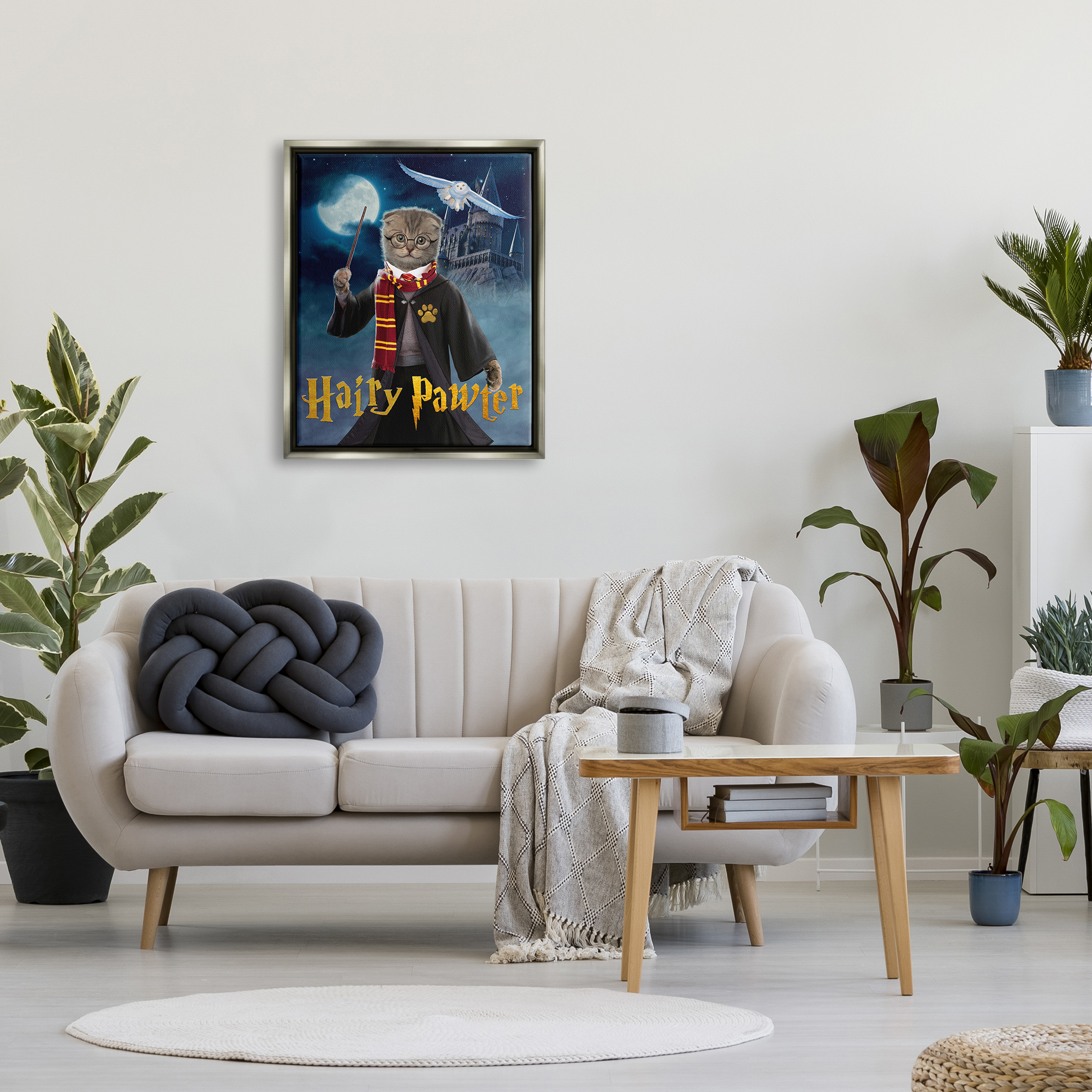 Stupell Industries Hairy Pawter Cat Wizard Animals & Insects Painting Gray Floater Framed Canvas Art Print Wall Art, 25 x 31