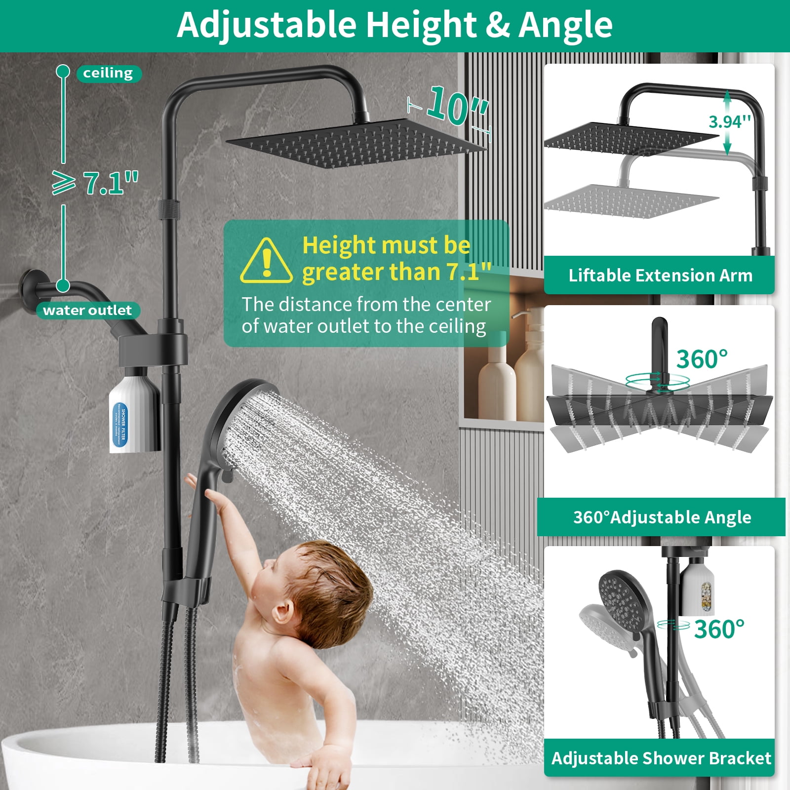 KAIYING 10-Inch Shower Head with Filtration, Rainfall & Handheld Modes, Adjustable Extension & Extra Long Hose
