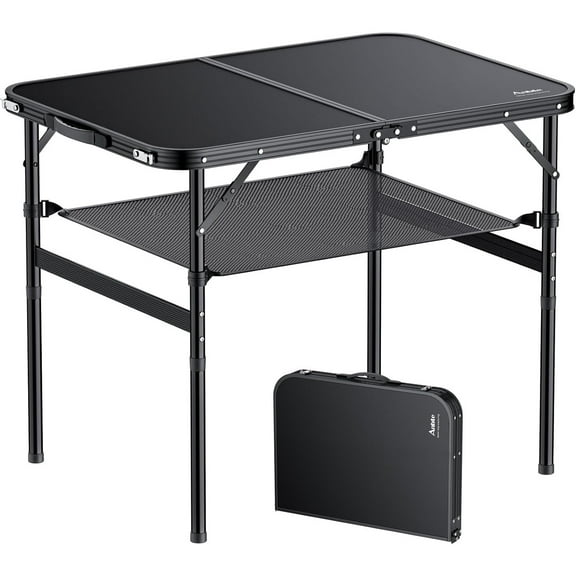 Folding Camping Table, 36" x 24" Portable Table Adjustable Height Max 28 inch Aluminum Folding Table with Storage Net, Lightweight, Portable Handle for Travel, Outdoor, Backyard (Black)