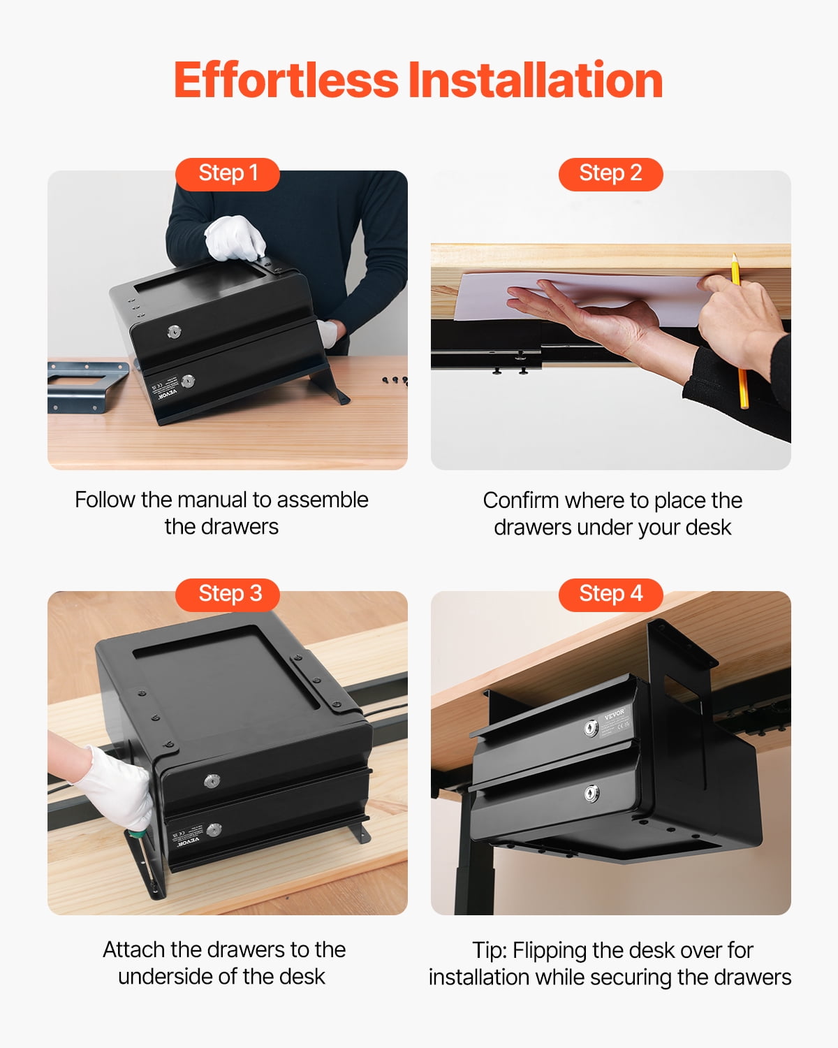 VEVOR 13" Wide Under Desk Drawer Slide Out, Under Desk Pull Out Drawer Attachment, Hidden Desktop 2-Tier Storage Organizer, Lockable Under Desk Pencil Drawer for Sit-Stand Workstation, 14x13x10 In