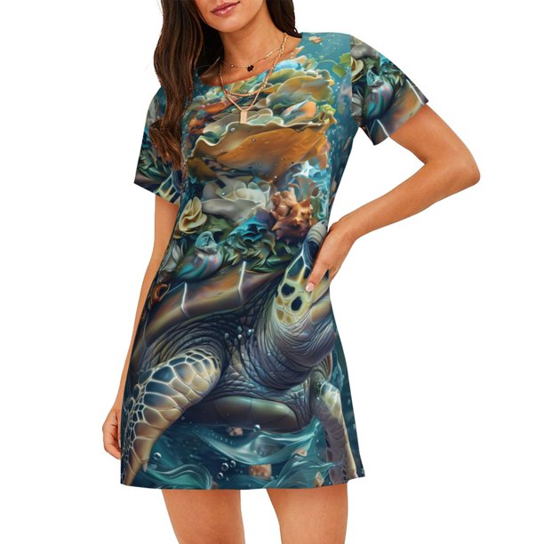Disketp Colorful Plant Turtle para Camisón Corto de Manga Corta para Mujeres, Camisón Cómodo con Escote Redondo, Bonito y Confortable