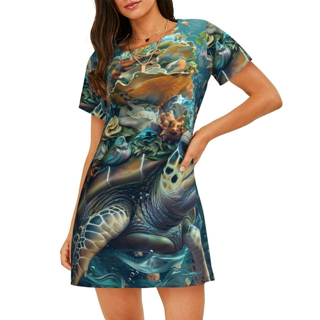 Fotbe Colorful Plant Turtle Bata de Dormir para Mujer con Estampado, Camisón de Algodón de Manga Corta, Ropa de Dormir Casual