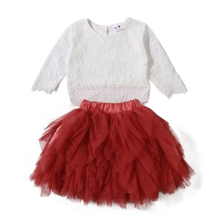 Toddler Baby Girls 2pcs Clothes Sets Lace Hollow Shirts Ruffled Tulle Tutu Skirt Princess Birthday Party Dress Outfit