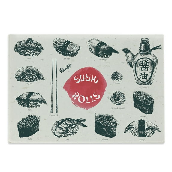 Food Cutting Board, Japanese Culture Sushi Food Elements Chopsticks Print, Decorative Tempered Glass Cutting and Serving Board, in 3 Sizes, by Ambesonne