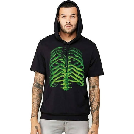 Men's Glow Skeleton Bones Black Short Sleeve Hoodie T-Shirt Medium Black