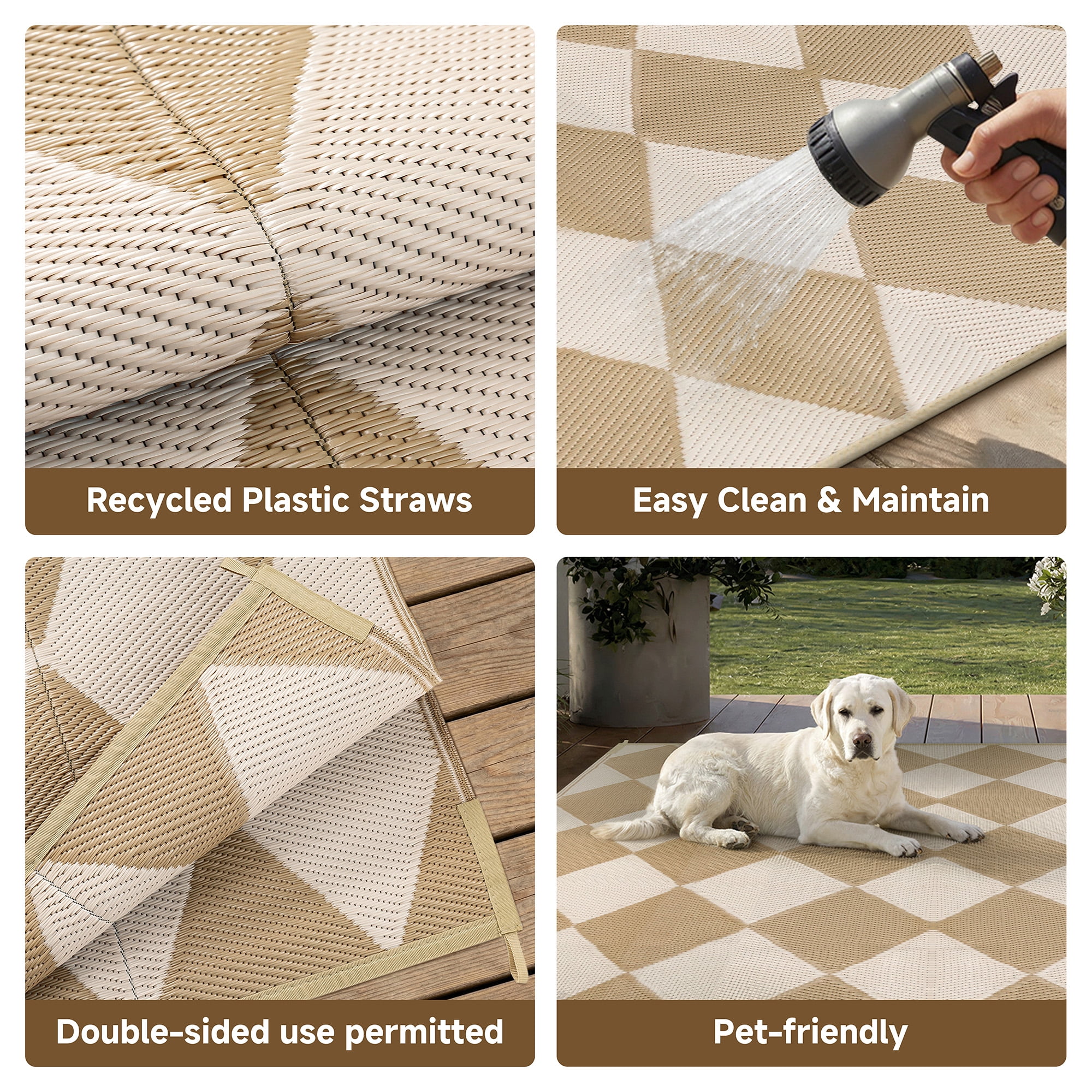 BERTHMEER 5'x8' Outdoor Rugs Waterproof Plastic Rugs Checkered Patio Rugs Straw Rugs Camping Rugs, Porch,Deck Rugs, RV Rugs for outside, Beige