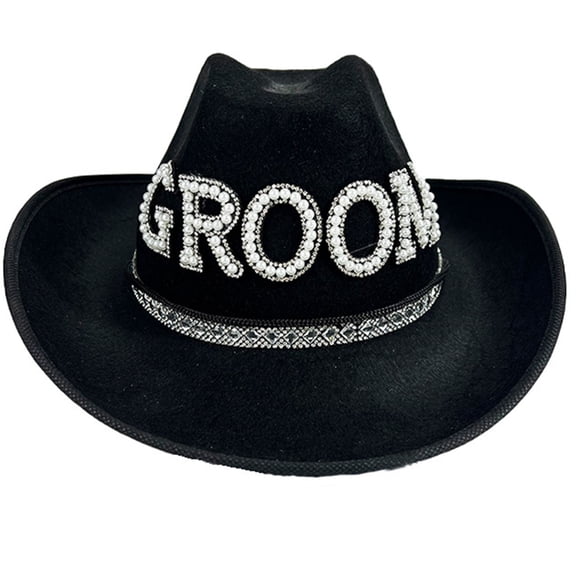Rhinestones Cowboy Hat for Bridegroom with Artificial Pearl Bridal Shower Cowgirl Hat Carnivals Party Photoshooting Hat