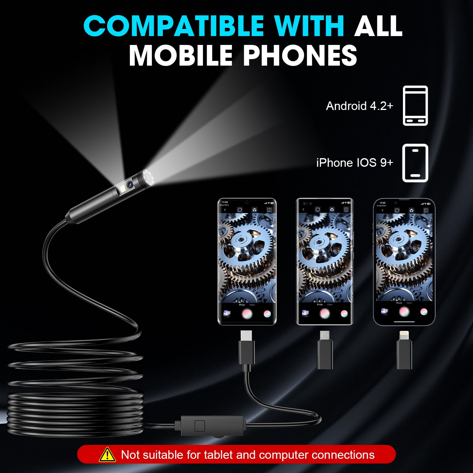 OneAmg Borescope with Light, 1920P HD Double Lens, 8+1 LED, IP67 Waterproof, 16.4 ft/5m -Compatible with Android & iOS