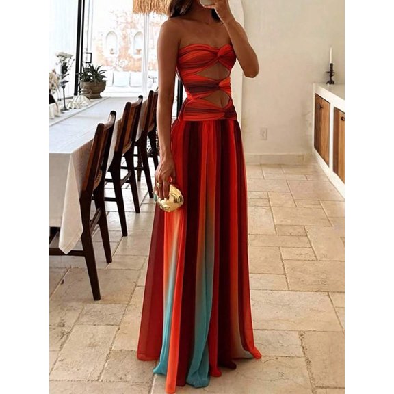 Orange Dress Strapless Hollow Out Flowy Evening Gown
