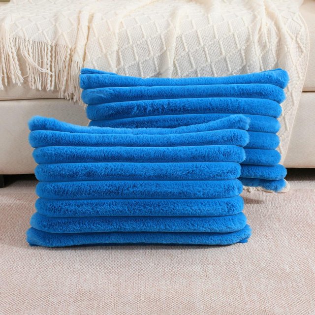 SURJDE Royal Blue Striped Decorative Throw Pillow Covers 12x20 Inch Set of 2,Rectangle Fall Decorations Couch Lumbar Pillowcase,Soft Cozy Faux Rabbit & Velvet Back,Modern Home Decor for Bed