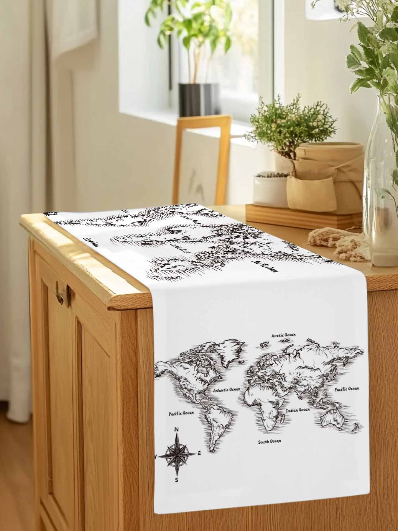 Sea Map Table Runner, Vintage Black White Nautical Travel World Map Compass Washable Cotton-linen Table Runners Dining Kitchen Decoration for Everyday Home Wedding Party Decor, 13 x 108 Inch