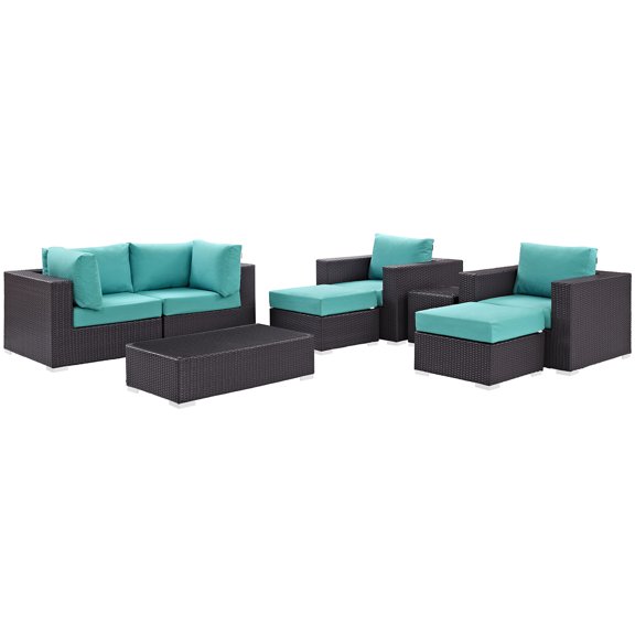 Modern Contemporary Urban Design Outdoor Patio Balcony Eight PCS Sectional Sofa Set, Blue, Rattan