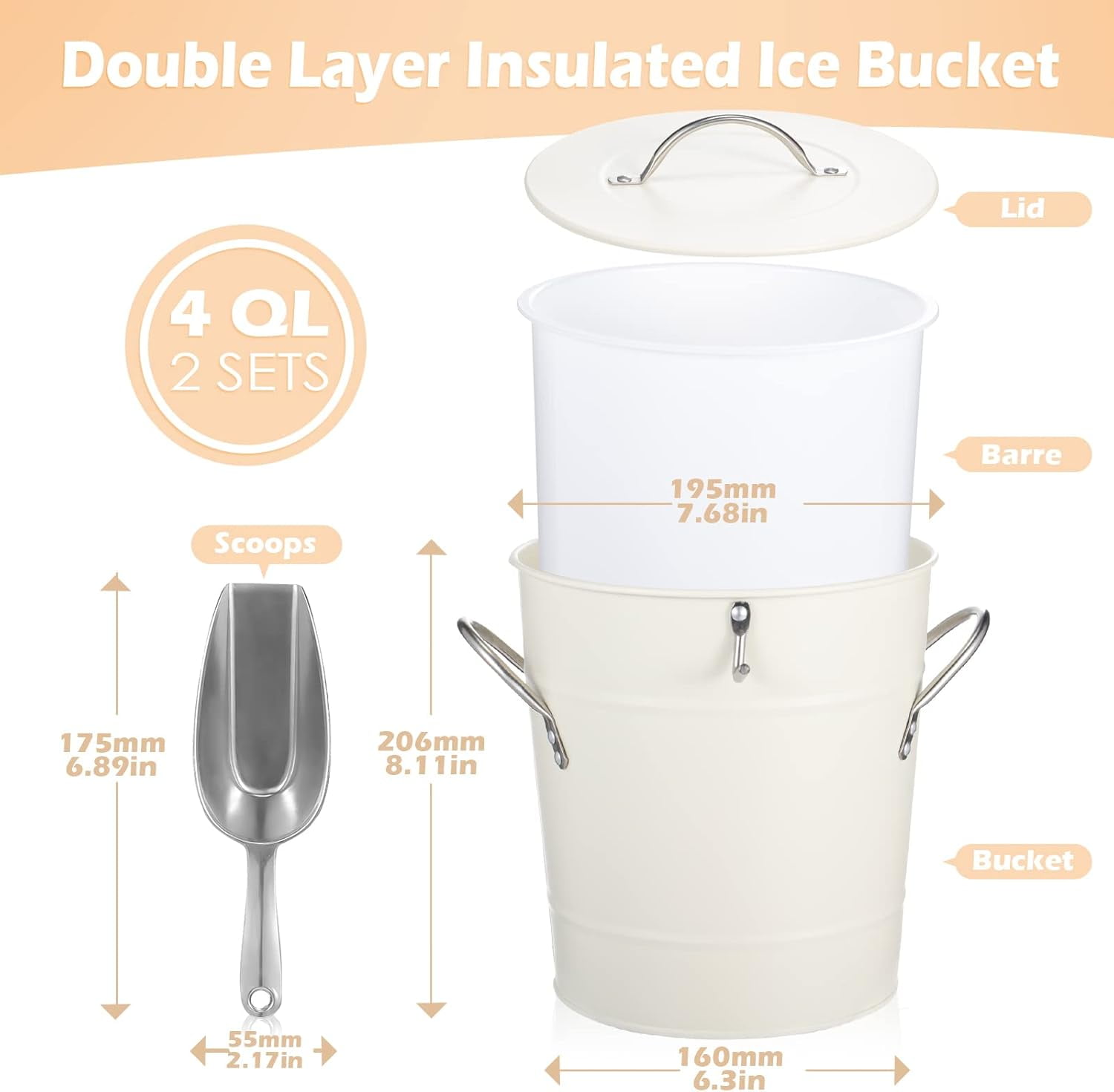 Insulated Stainless Steel Ice Bucket with Lid and Scoop, 4QT Capacity for Drinks Champagne Cocktails, Portable Container for Party Bar Home Camping BBQ Picnic