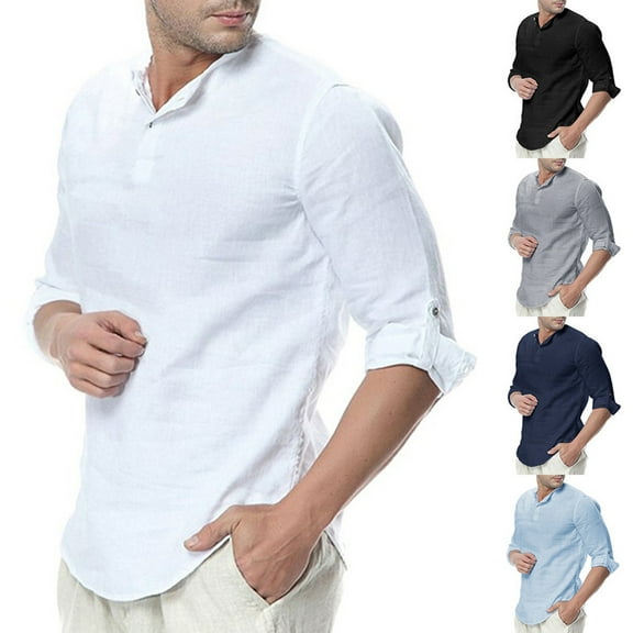 Utoimkio Men's Linen Shirts Casual Lightweight Long Sleeve Button Down Solid Dress Shirt Summer Beach Shirt Tops for Men
