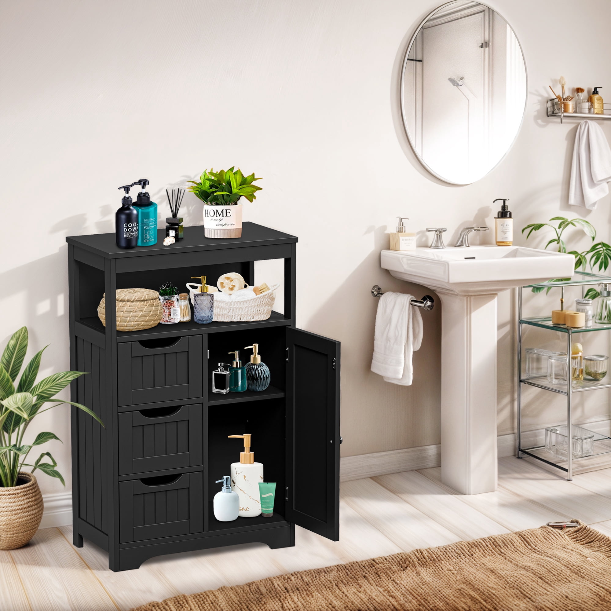 ZENY Bathroom Floor Cabinet, Free Standing Storage Cabinet with 3 Drawers and Adjustable Shelf, Modern Cupboard for Home Living Room Office, Black