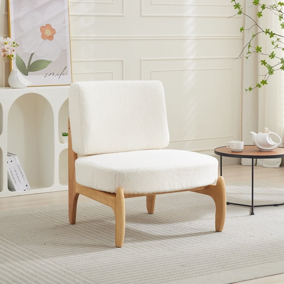 Okeysen Teddy Armless Accent Chair, Minimalist Upholstered Chair with Oak Wood Frame, Small Space Reading Chair for Bedroom, White
